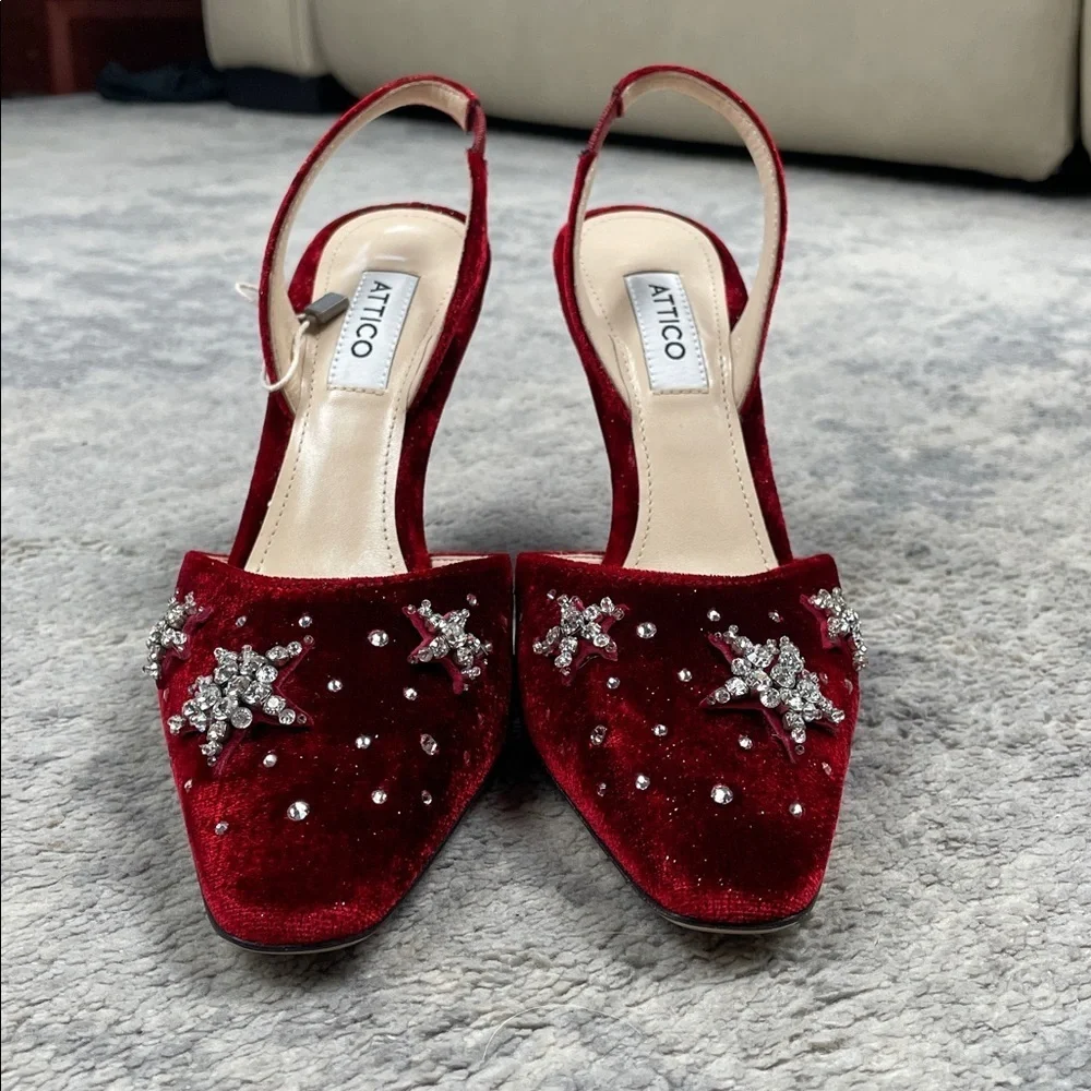 NIB Attico Red Velvet Mara Slingback Pumps Crystal Star Snowflake Sz 36